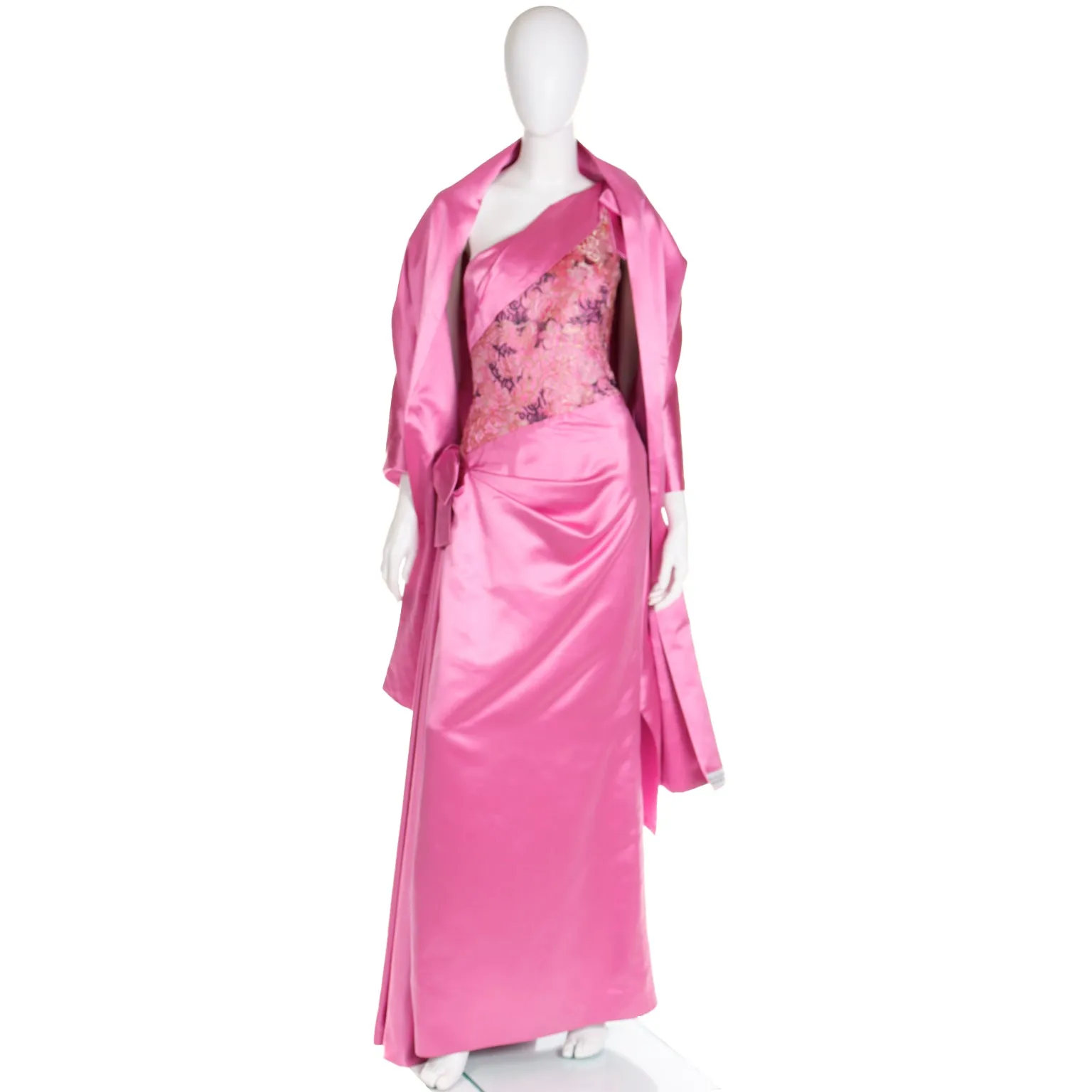 1990s Bellville Sassoon One Shoulder Pink Satin Evening Dress W Shawl Wrap