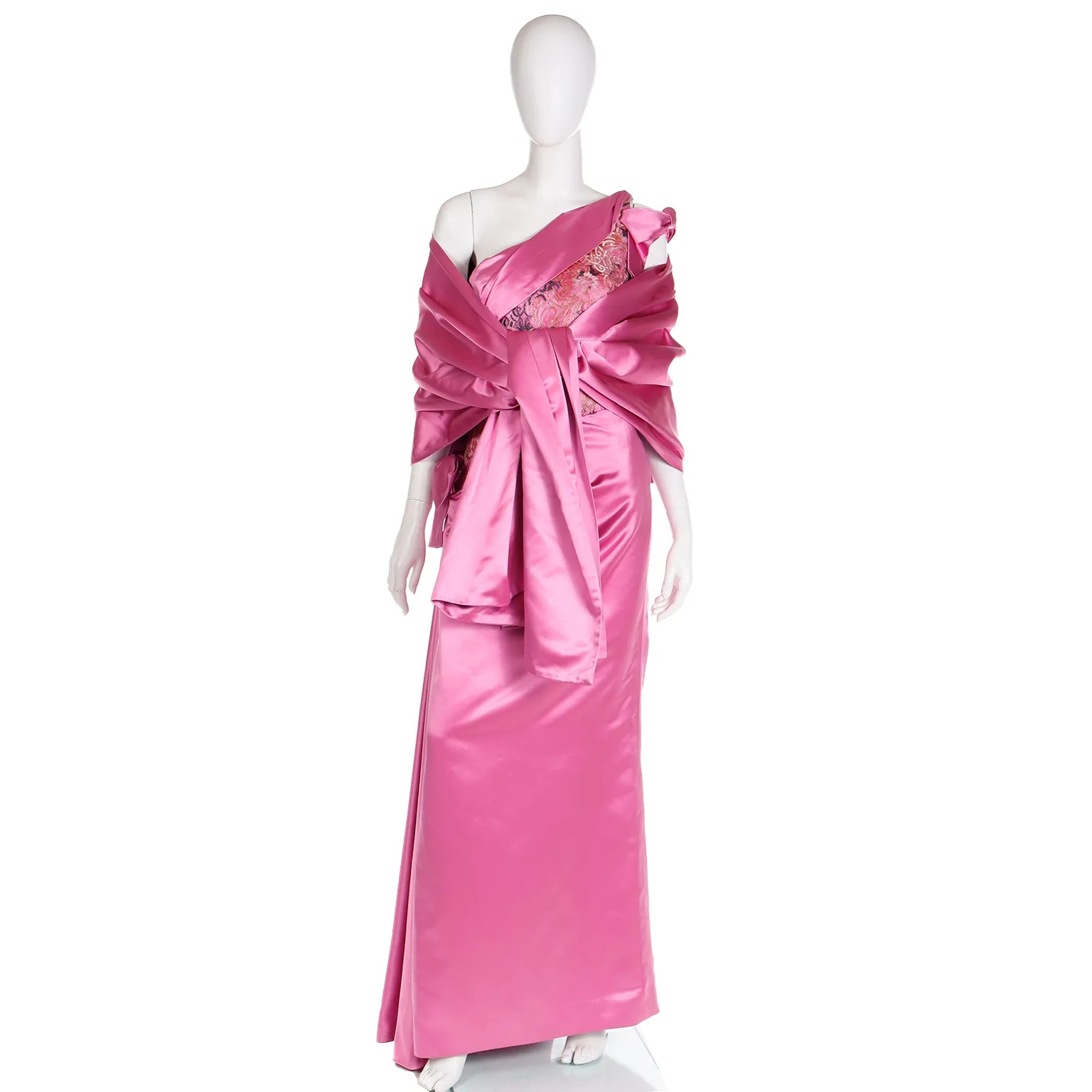 1990s Bellville Sassoon One Shoulder Pink Satin Evening Dress W Shawl Wrap