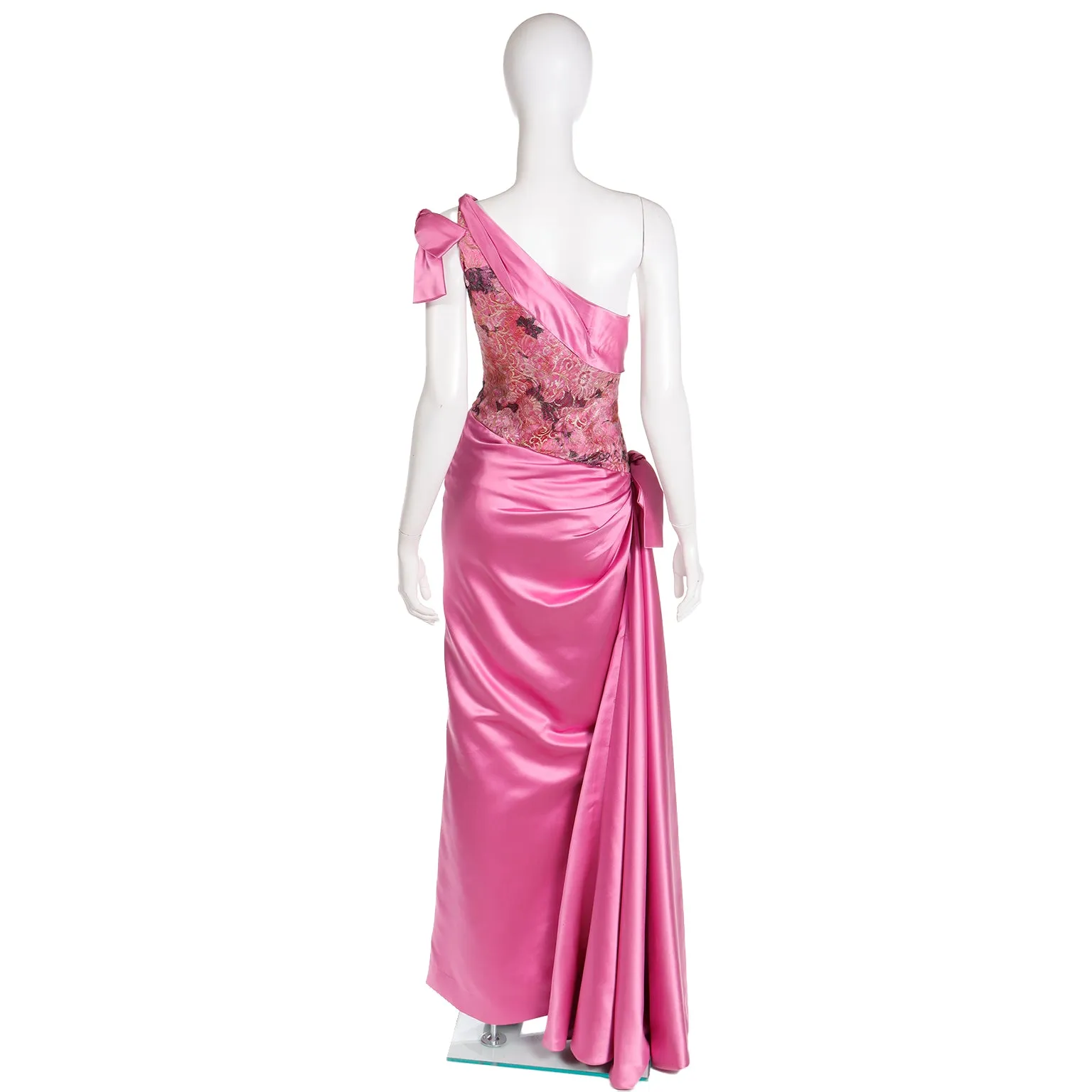 1990s Bellville Sassoon One Shoulder Pink Satin Evening Dress W Shawl Wrap