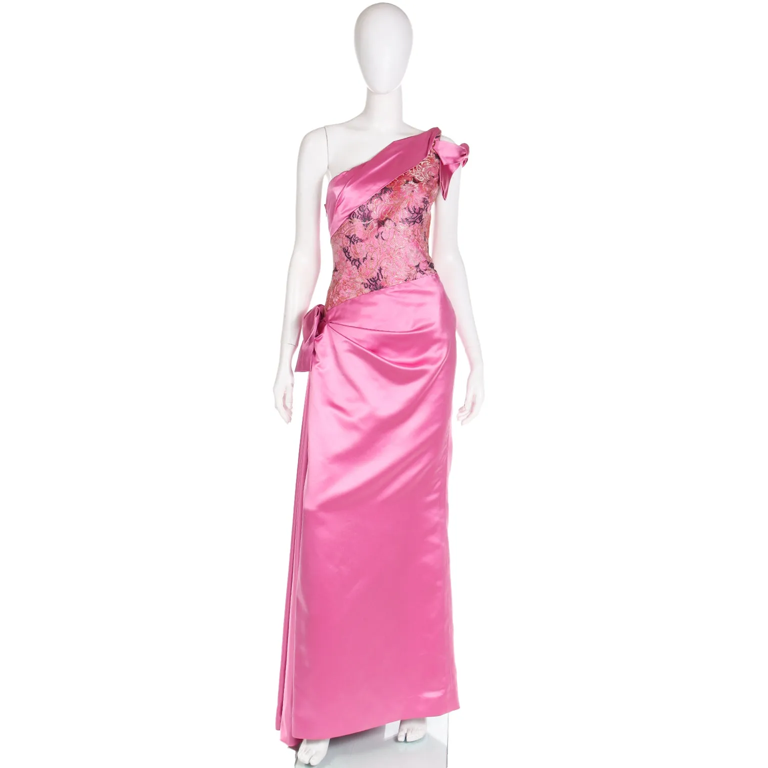 1990s Bellville Sassoon One Shoulder Pink Satin Evening Dress W Shawl Wrap