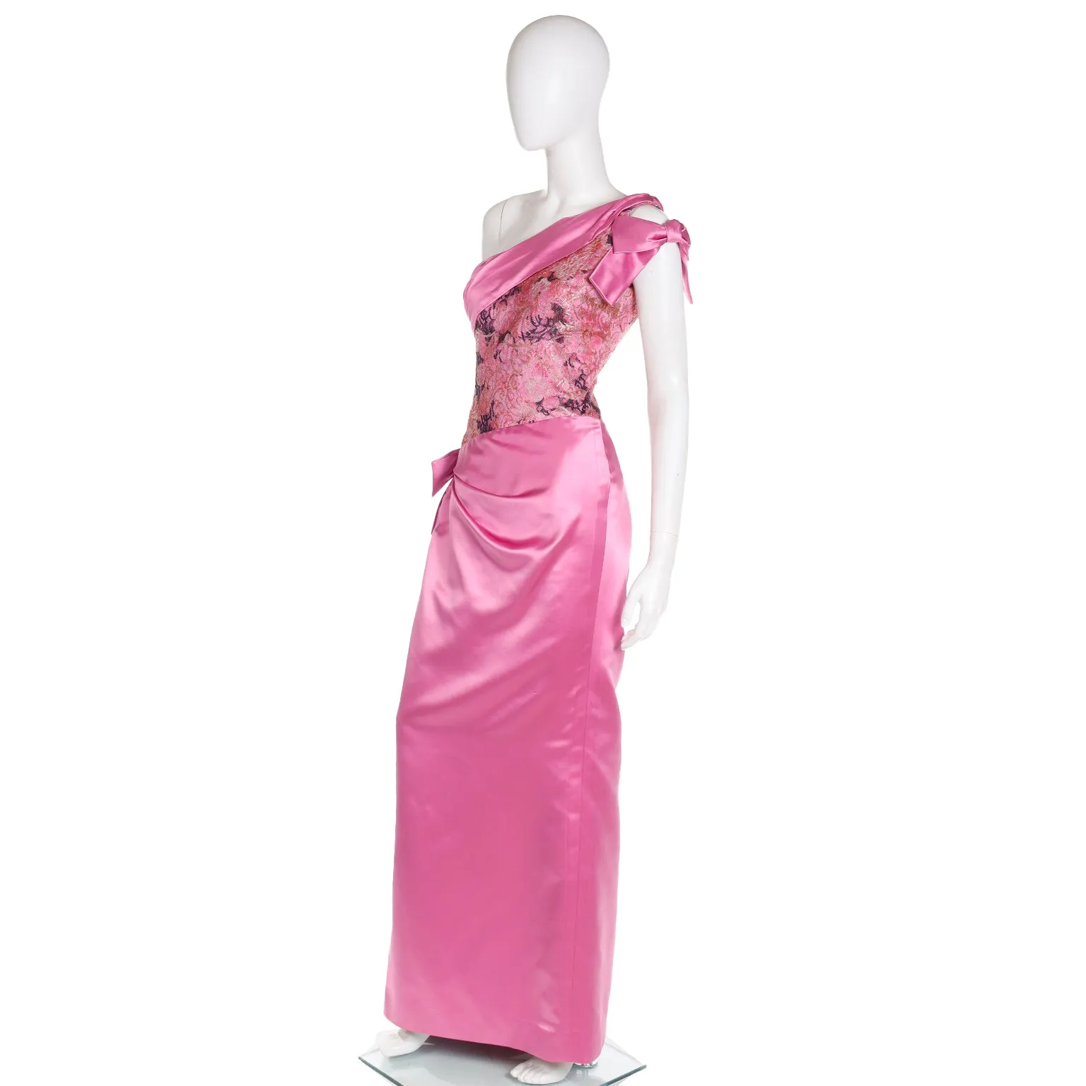 1990s Bellville Sassoon One Shoulder Pink Satin Evening Dress W Shawl Wrap