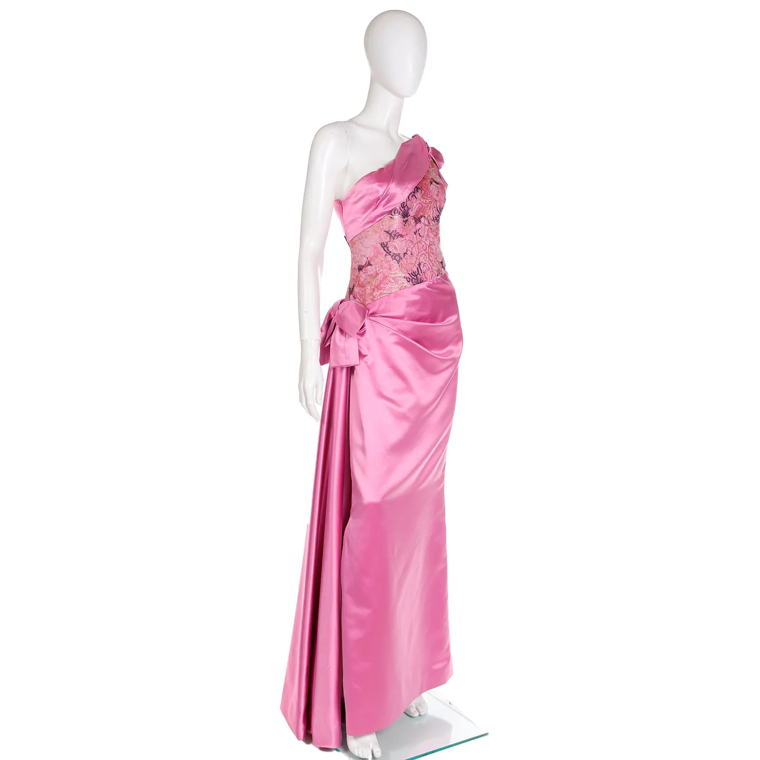 1990s Bellville Sassoon One Shoulder Pink Satin Evening Dress W Shawl Wrap