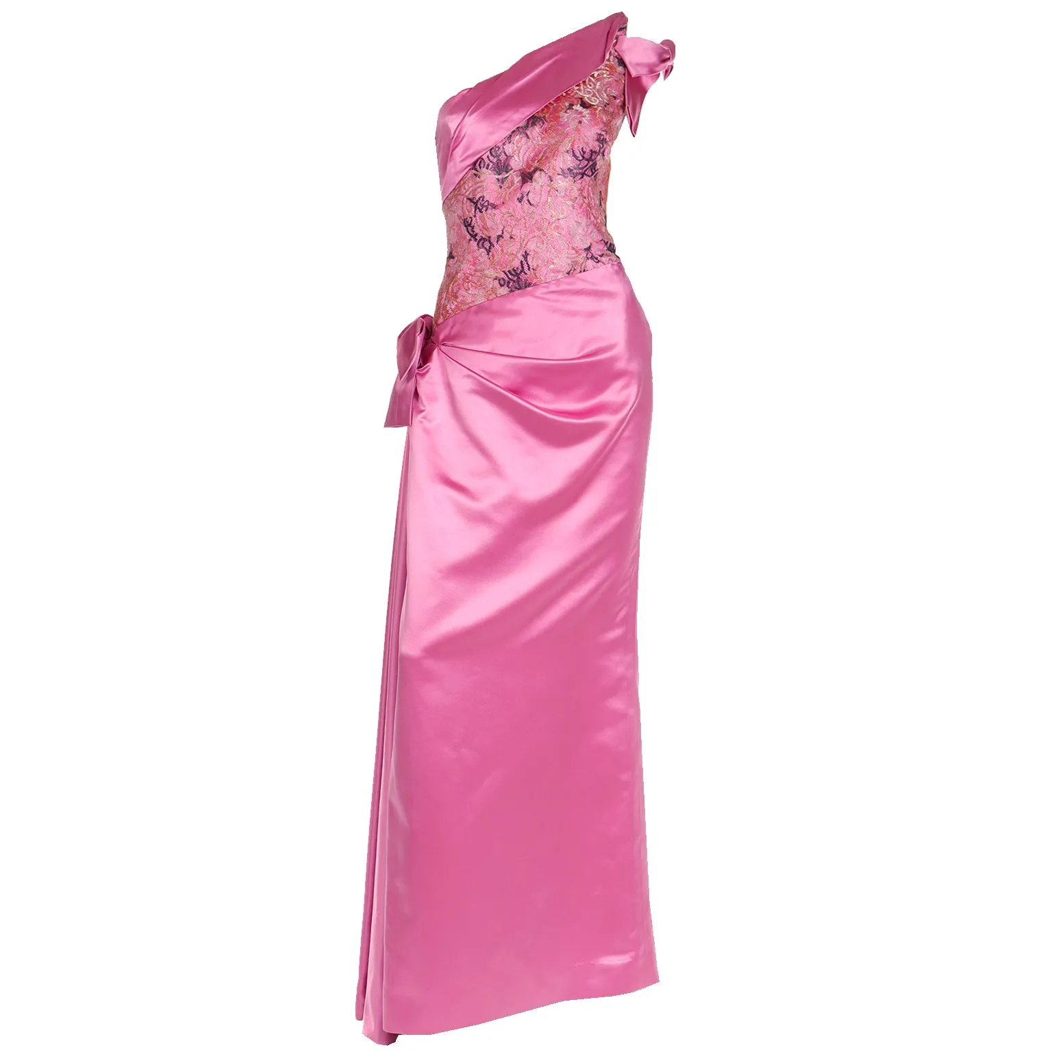 1990s Bellville Sassoon One Shoulder Pink Satin Evening Dress W Shawl Wrap