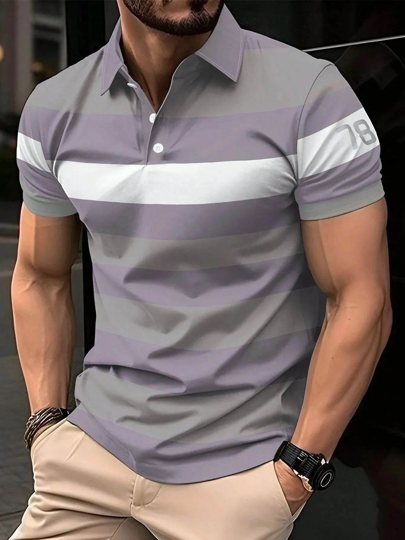 2024 New Men's Summer Short Clothes Sleeved Lapel 3D Digital Printed Striped Polo Shirt Men's Business Casual Top Clothes