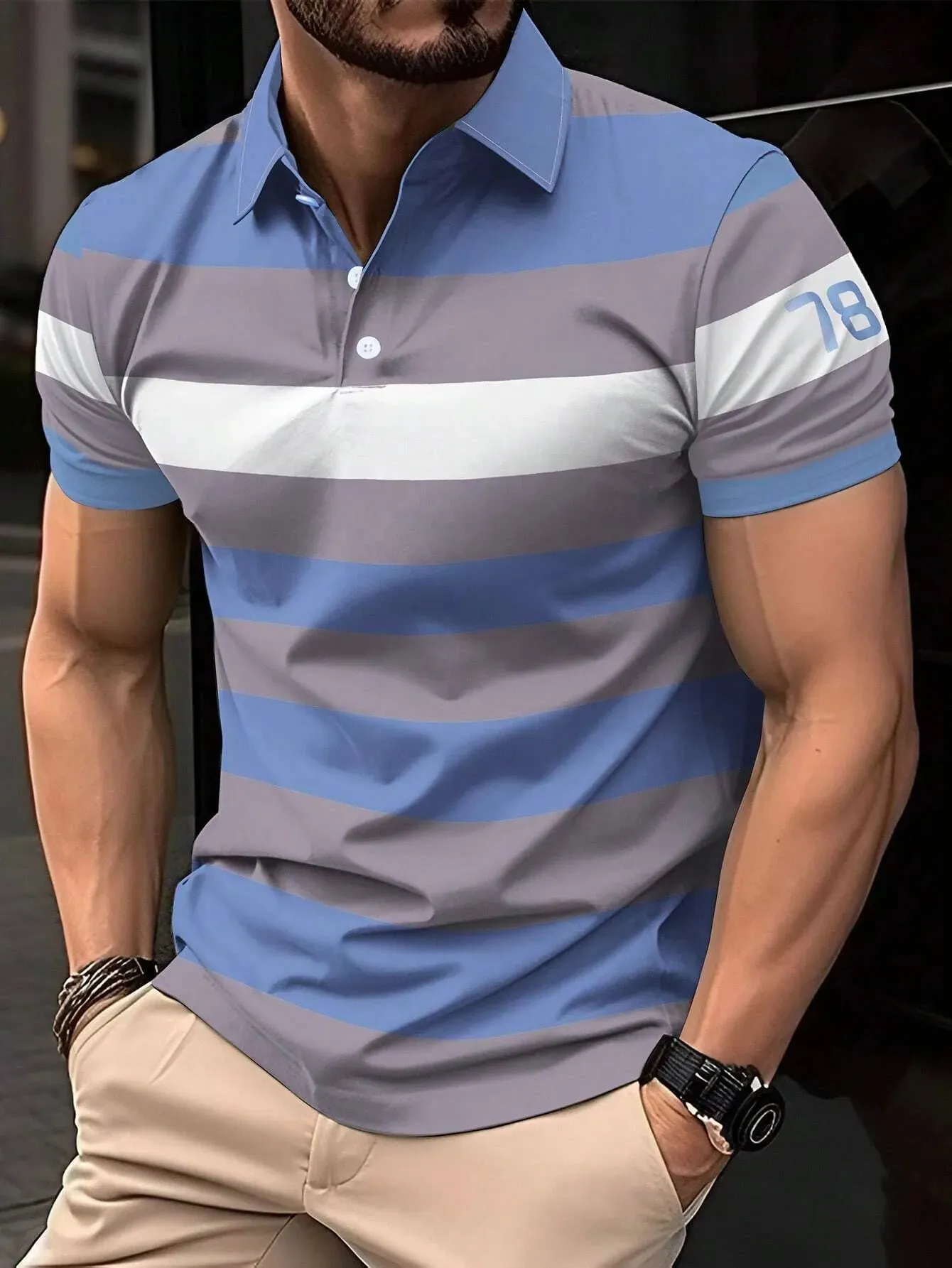 2024 New Men's Summer Short Clothes Sleeved Lapel 3D Digital Printed Striped Polo Shirt Men's Business Casual Top Clothes