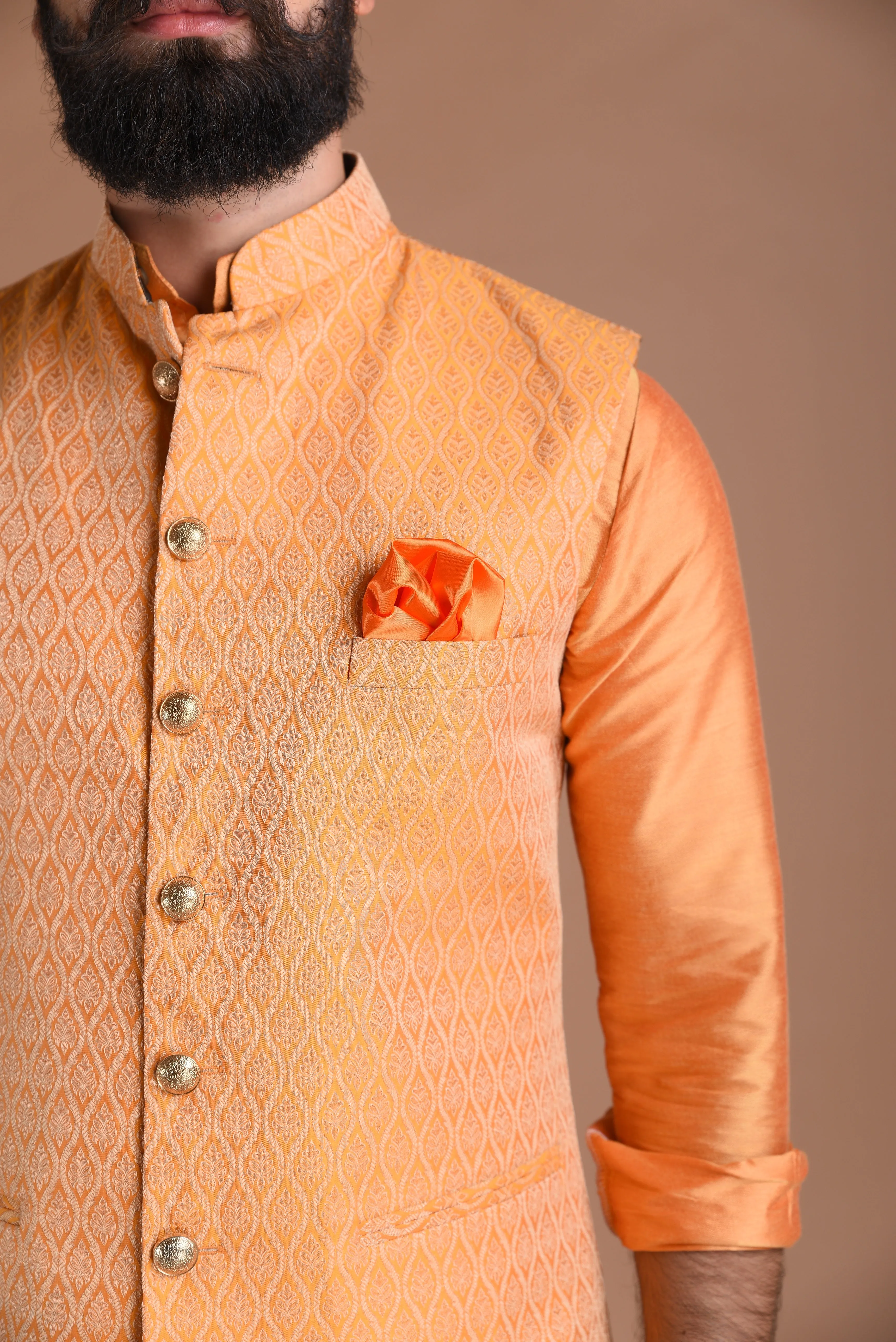 Aesthetic Orange Booti Pattern Brocade Half Jodhpuri Jacket with Silk Kurta Pajma Set| Perfect For Haldi Functions , Cocktails parties | Wedding Function