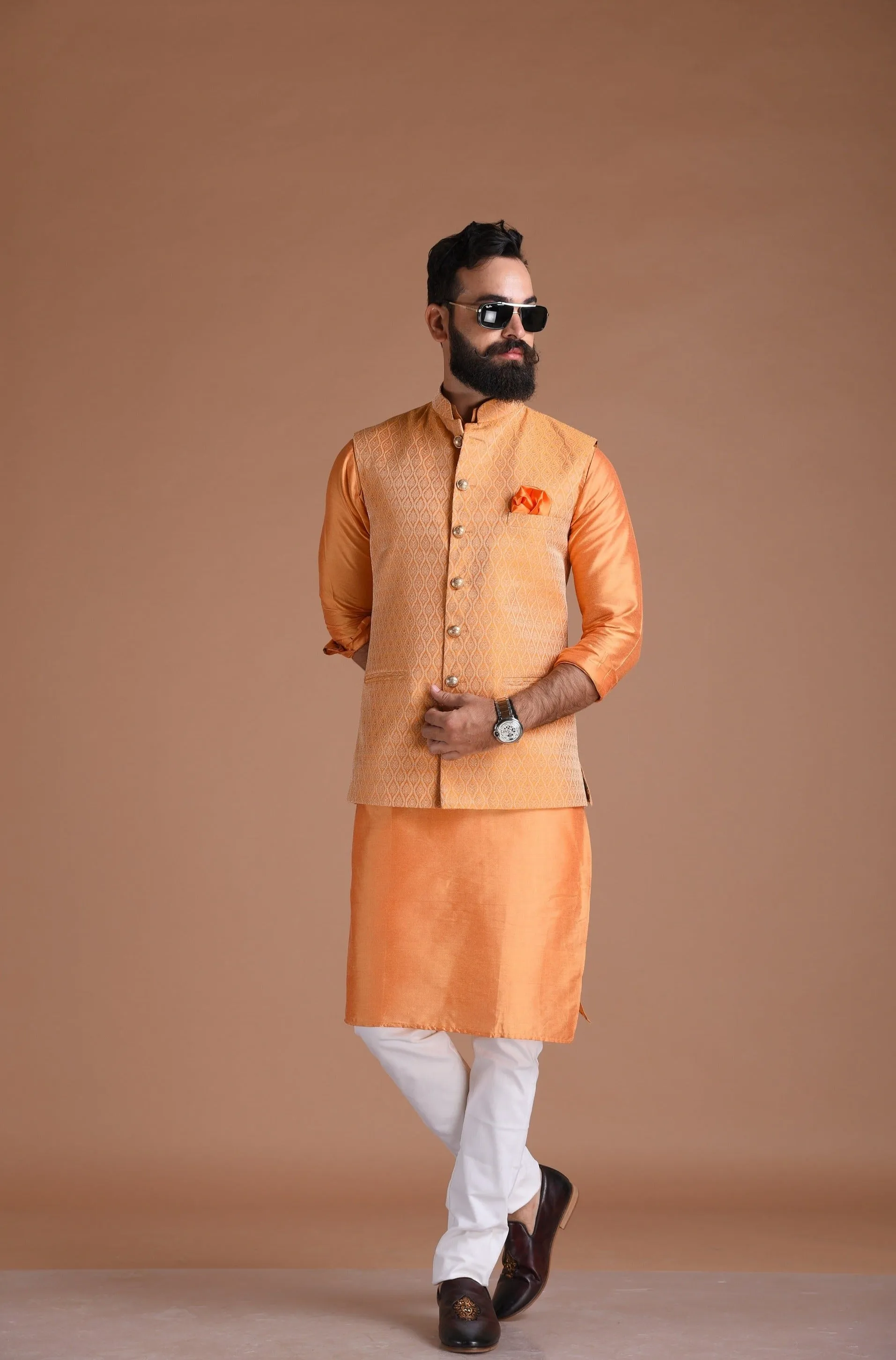 Aesthetic Orange Booti Pattern Brocade Half Jodhpuri Jacket with Silk Kurta Pajma Set| Perfect For Haldi Functions , Cocktails parties | Wedding Function