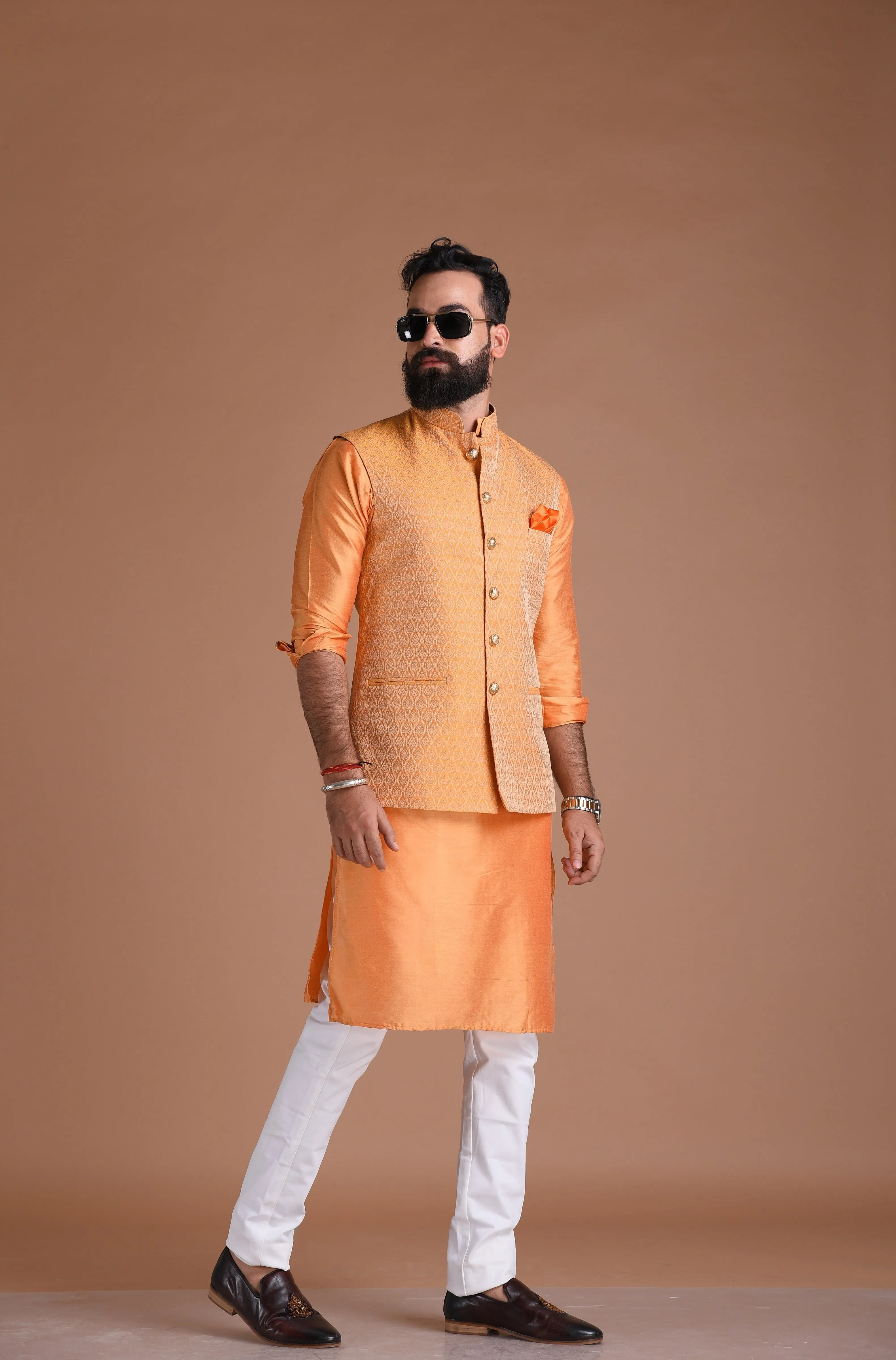 Aesthetic Orange Booti Pattern Brocade Half Jodhpuri Jacket with Silk Kurta Pajma Set| Perfect For Haldi Functions , Cocktails parties | Wedding Function