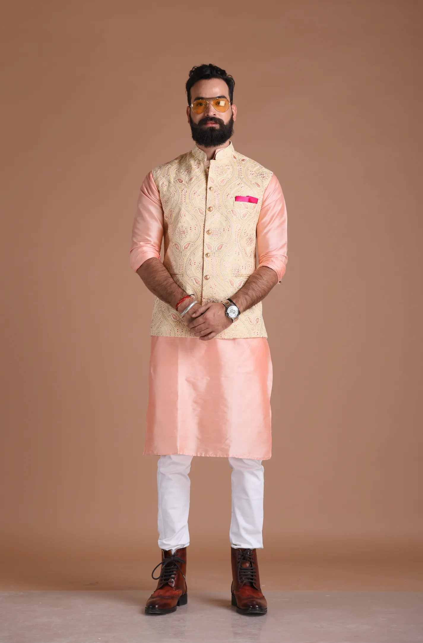 Alluring Quilted Floral Pattern Cream Nehru Jacket with Silk Kurta Pajama Set| Free Personalization |  Best for Sangeet Function | Wedding Ceremony