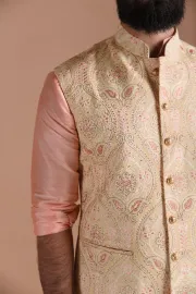 Alluring Quilted Floral Pattern Cream Nehru Jacket with Silk Kurta Pajama Set| Free Personalization |  Best for Sangeet Function | Wedding Ceremony