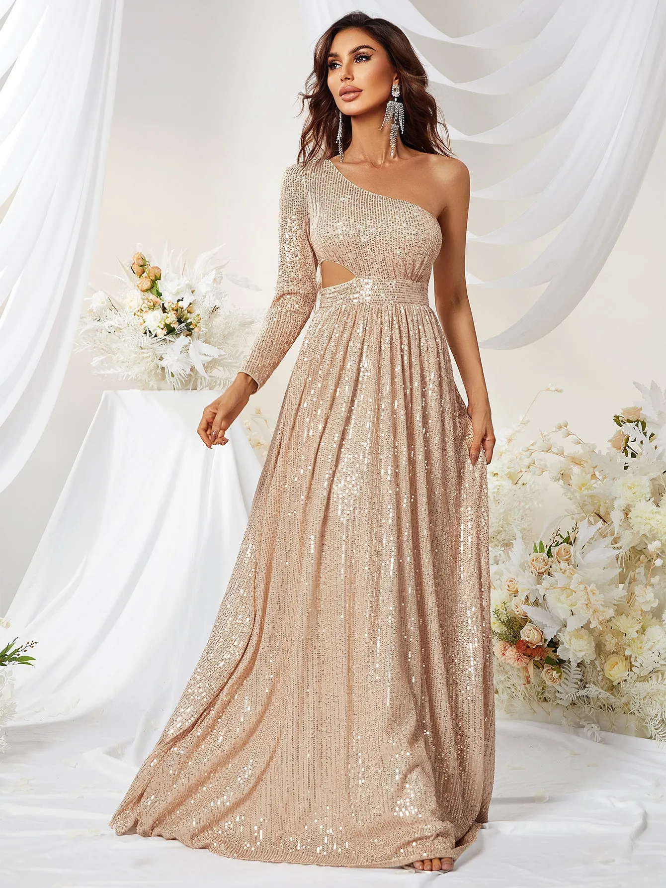 Andrea Sequined One Shoulder Gold High Slit Gown