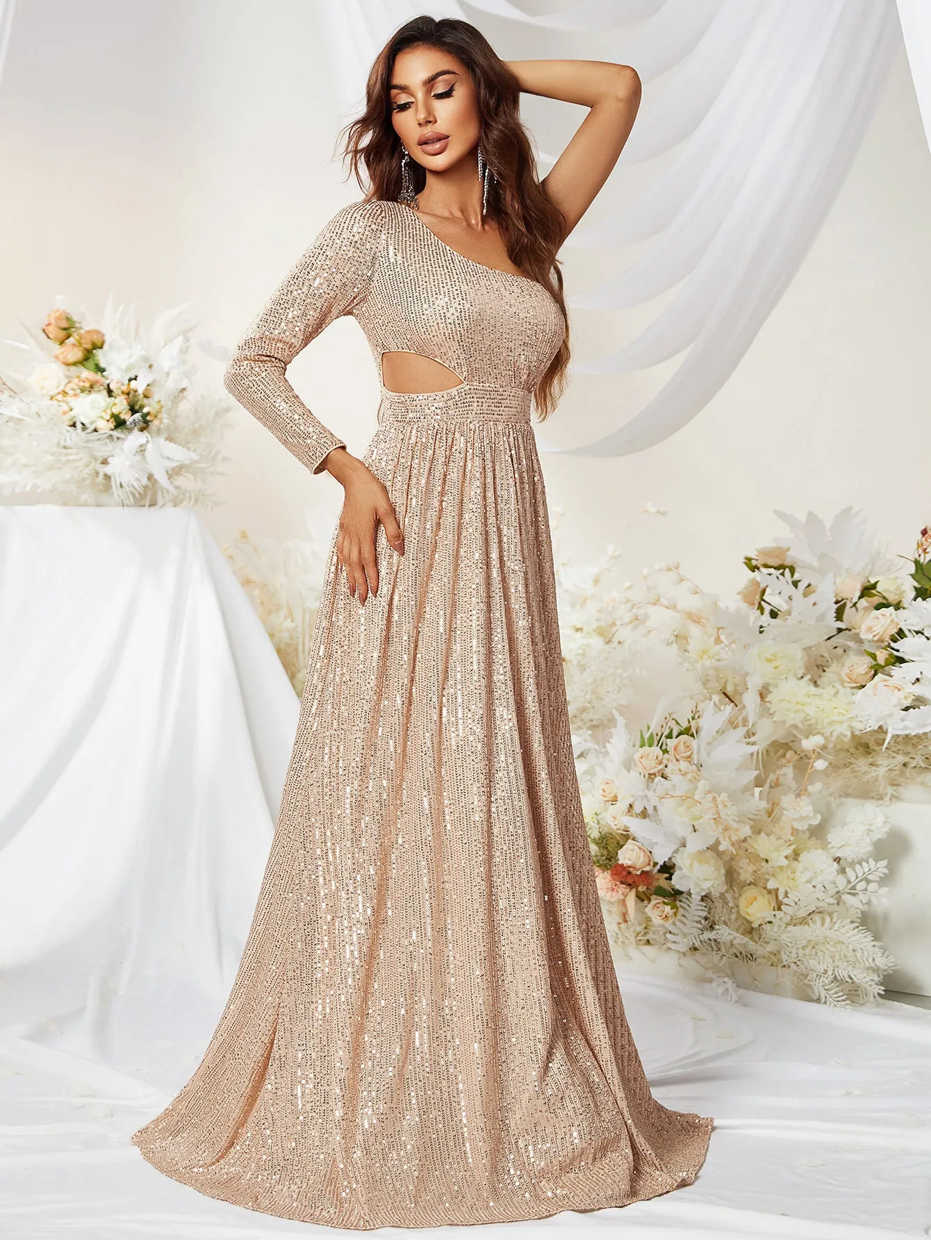 Andrea Sequined One Shoulder Gold High Slit Gown