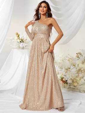 Andrea Sequined One Shoulder Gold High Slit Gown