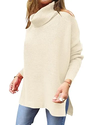 ANRABESS Women's Oversized Turtleneck Batwing Sleeve Spilt Casual Loose Knit Tunic Pullover Sweater Tops 2024 Fall Outfits Lake Small