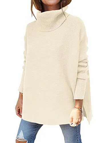 ANRABESS Women's Oversized Turtleneck Batwing Sleeve Spilt Casual Loose Knit Tunic Pullover Sweater Tops 2024 Fall Outfits Lake Small