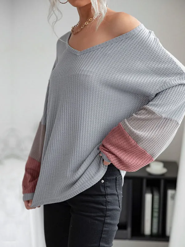 Autumn Colorblock Long Sleeve Grey V-Neck Knit Sweater