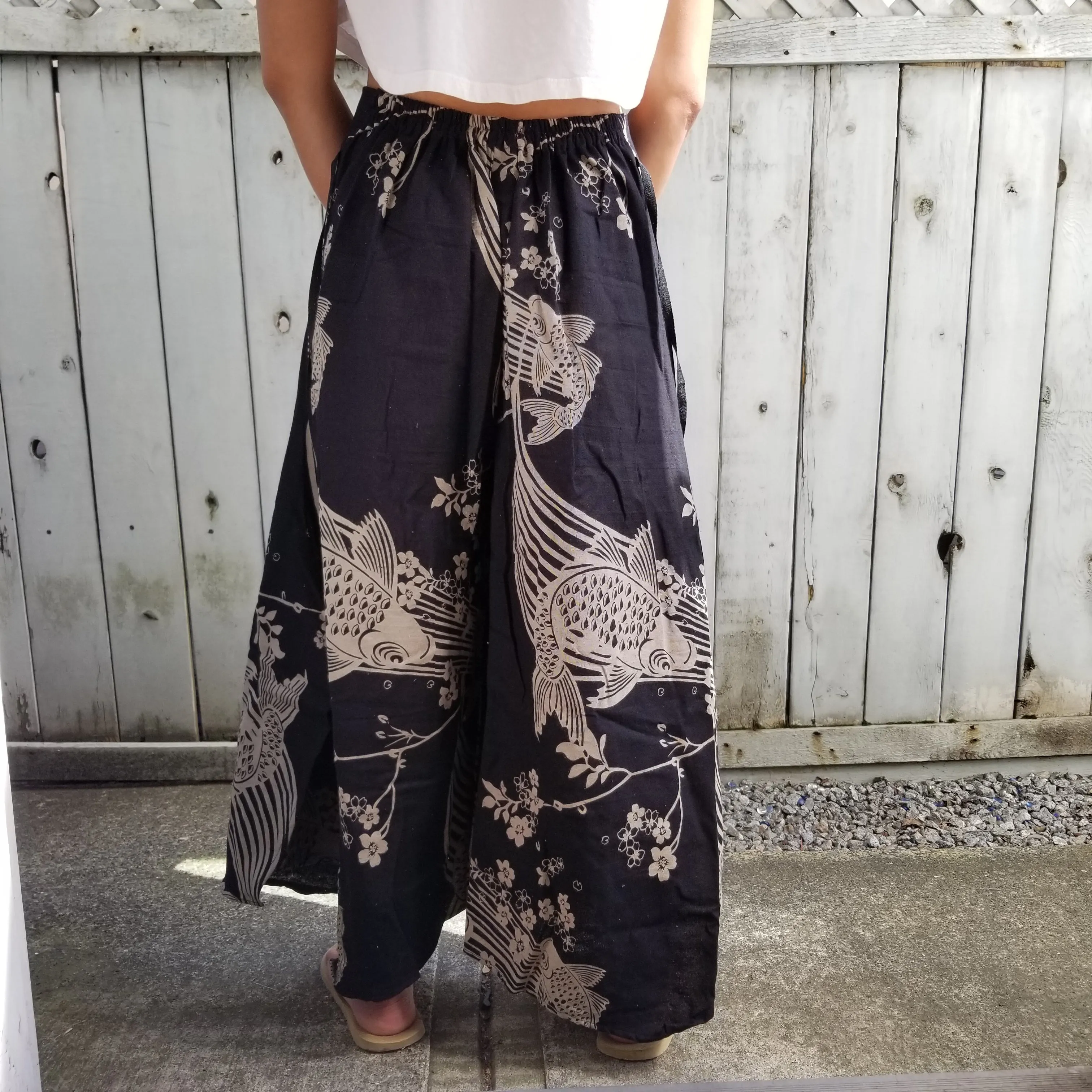 Black Sakura Koi Wide Leg Pants with Naka waistband