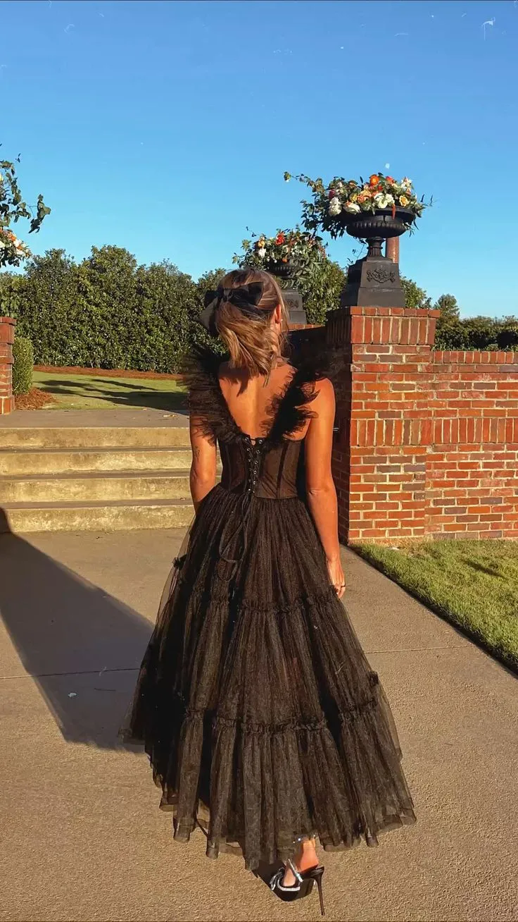 Black Tulle Tiered Ankle-Length Long Prom Dress A-Line Evening Gown,DP608