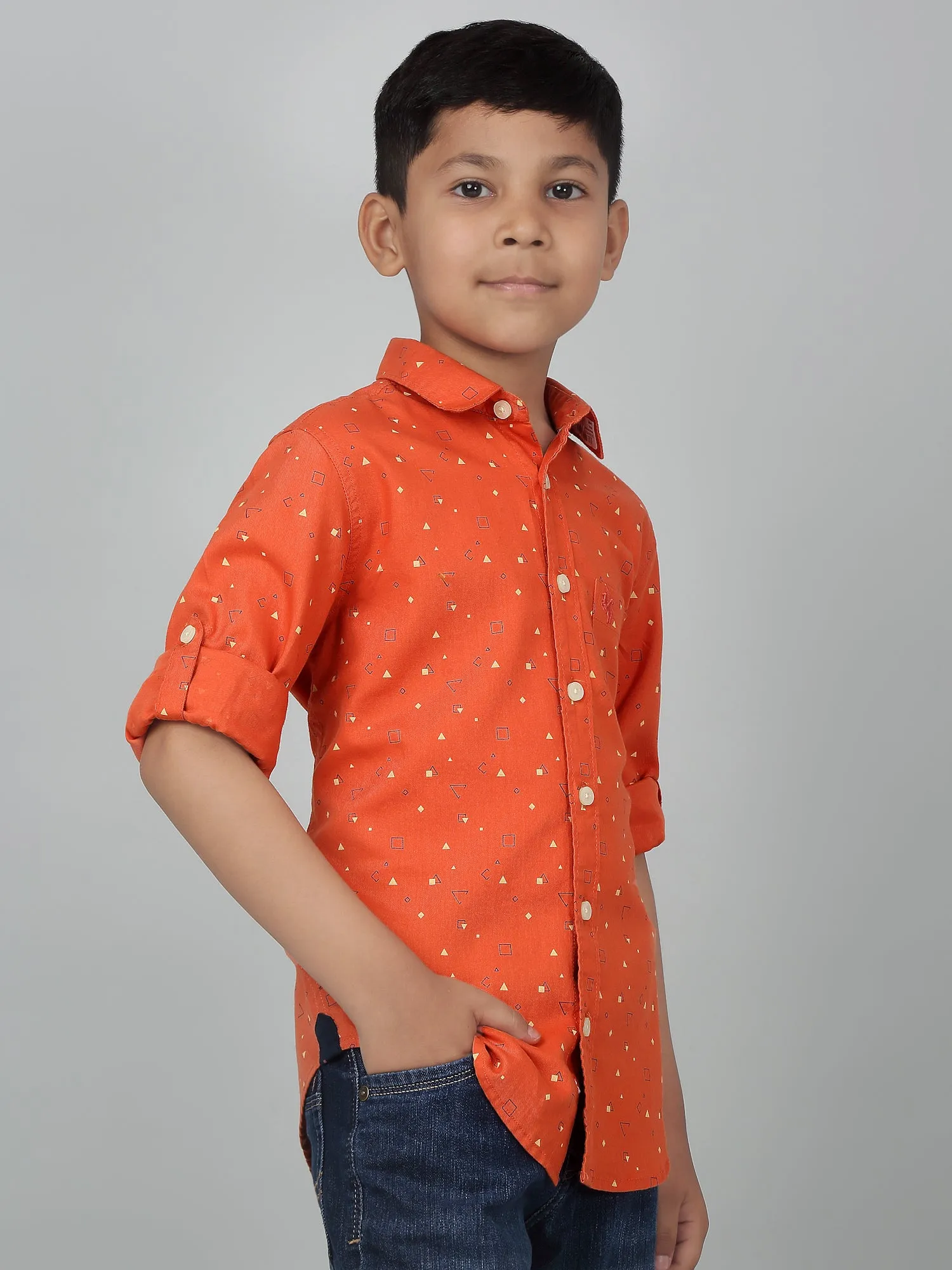 Boy's Orange Printed Full Sleeves Shirt