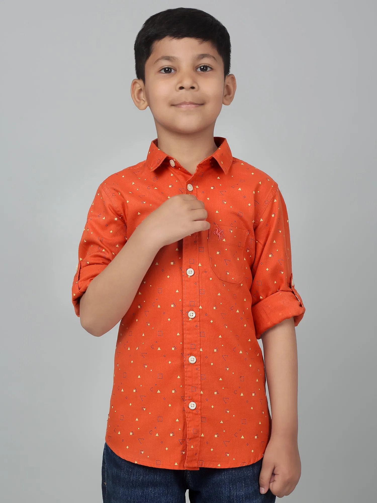 Boy's Orange Printed Full Sleeves Shirt