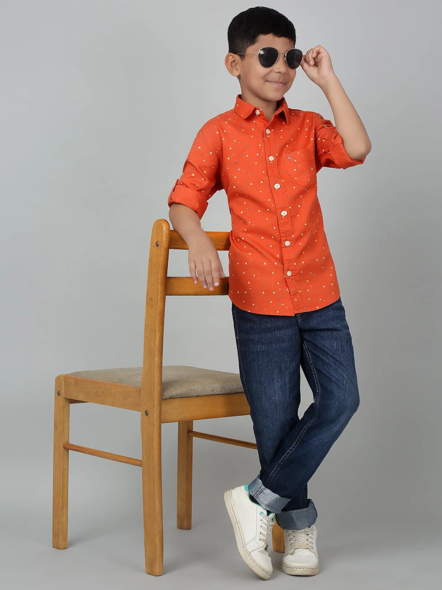 Boy's Orange Printed Full Sleeves Shirt