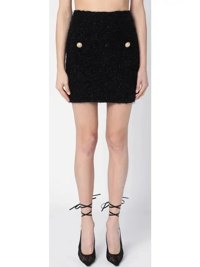 Buttoned Black Tweed Mini Skirt