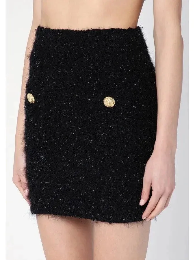 Buttoned Black Tweed Mini Skirt