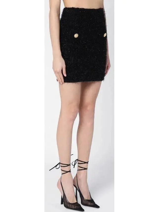 Buttoned Black Tweed Mini Skirt