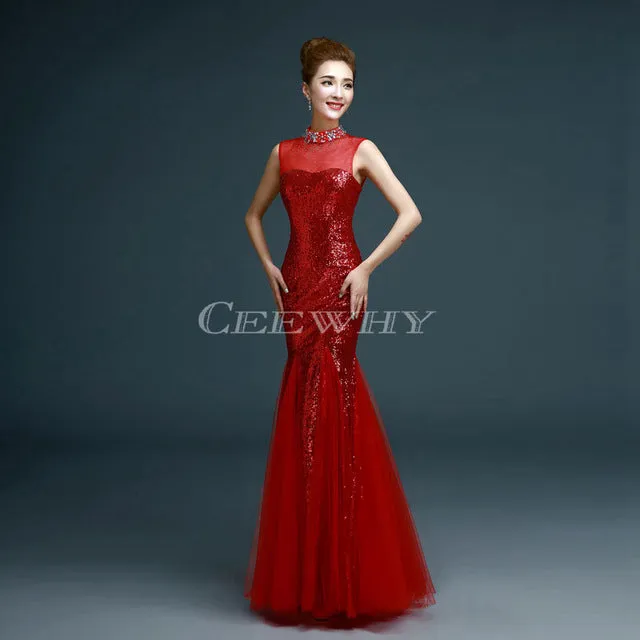 CEEWHY High Neck Sequin Evening Dress Long Prom Party Formal Dress Trumpet Evening Gown Mermaid Dress Robe De Soiree