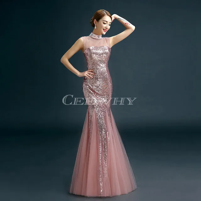 CEEWHY High Neck Sequin Evening Dress Long Prom Party Formal Dress Trumpet Evening Gown Mermaid Dress Robe De Soiree