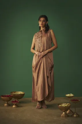 COFFEE BROWN MUKAISH EMBROIDERED DRAPED GOWN