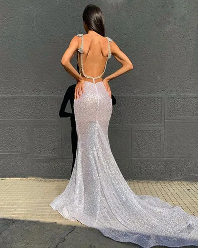 Deep V-neck Sparkling Sequins Beading Chic Evening Gowns Backless Mermaid Sleeveless Prom Dresses With Court Train