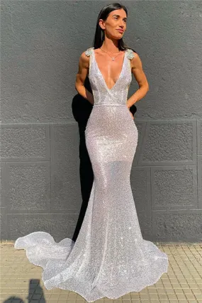 Deep V-neck Sparkling Sequins Beading Chic Evening Gowns Backless Mermaid Sleeveless Prom Dresses With Court Train