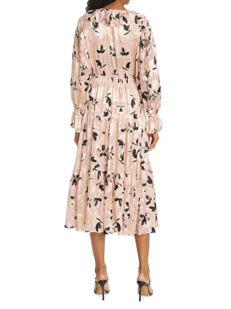 Elie Tahari Tiered Floral Bella Midi Dress in Beige Multi