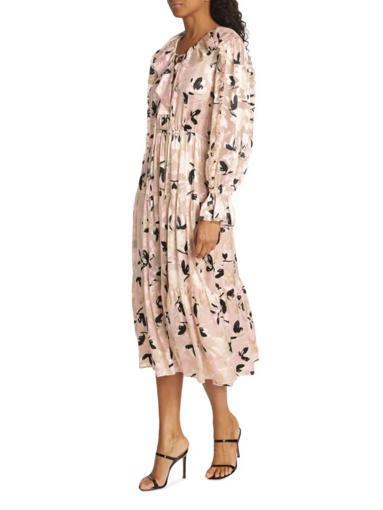 Elie Tahari Tiered Floral Bella Midi Dress in Beige Multi