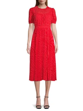 Elyse Alice By Temperley Striped Pleated Midi Dress in Cherry Red