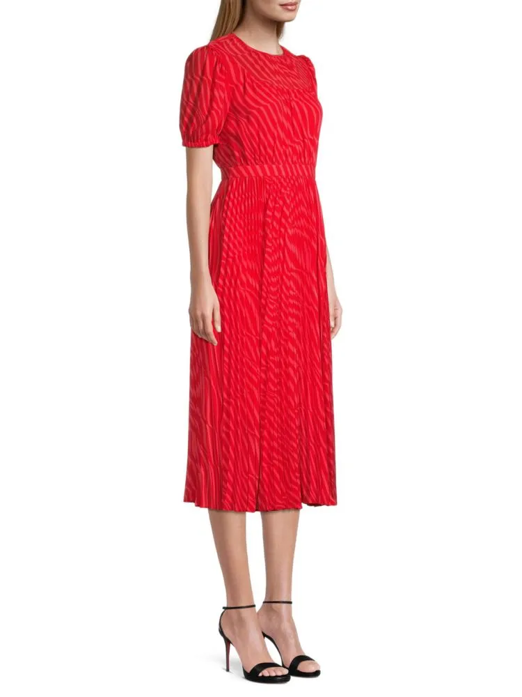 Elyse Alice By Temperley Striped Pleated Midi Dress in Cherry Red