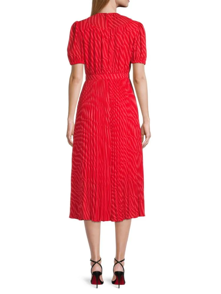 Elyse Alice By Temperley Striped Pleated Midi Dress in Cherry Red