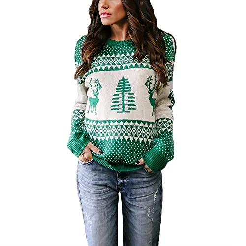 EXLURA Patterns Reindeer Ugly Christmas Sweater Jumper Pullover Tops Green