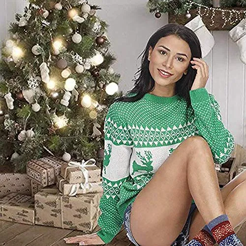 EXLURA Patterns Reindeer Ugly Christmas Sweater Jumper Pullover Tops Green