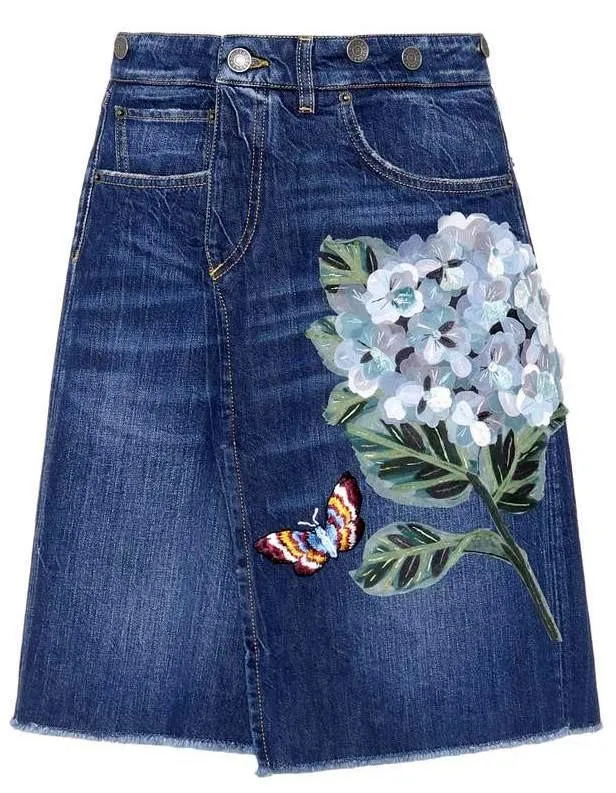 Floral-Appliques Embroidered Denim Mini Skirt