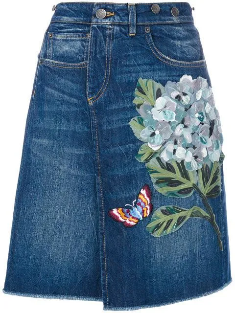 Floral-Appliques Embroidered Denim Mini Skirt