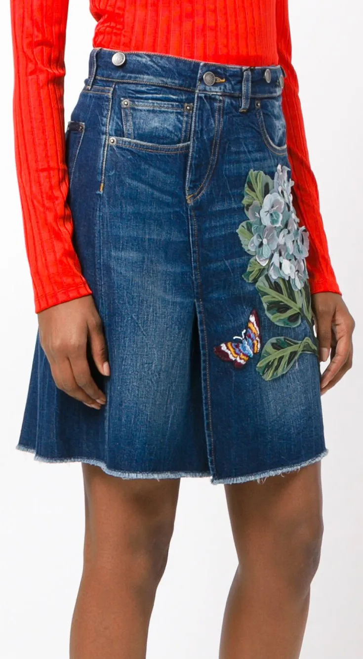 Floral-Appliques Embroidered Denim Mini Skirt