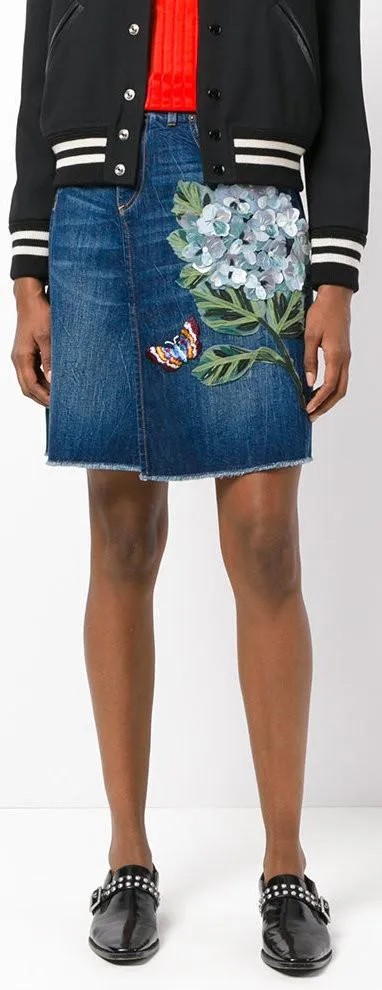 Floral-Appliques Embroidered Denim Mini Skirt