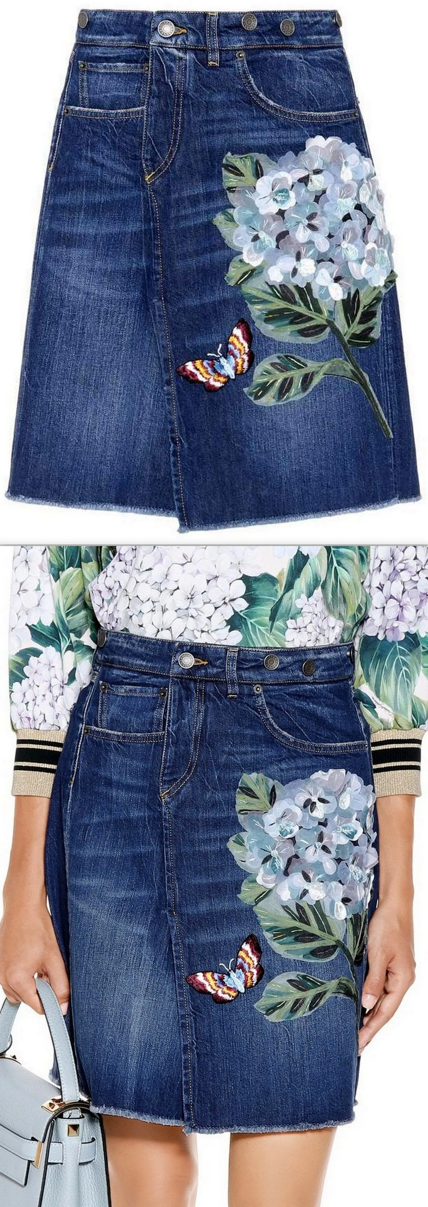 Floral-Appliques Embroidered Denim Mini Skirt