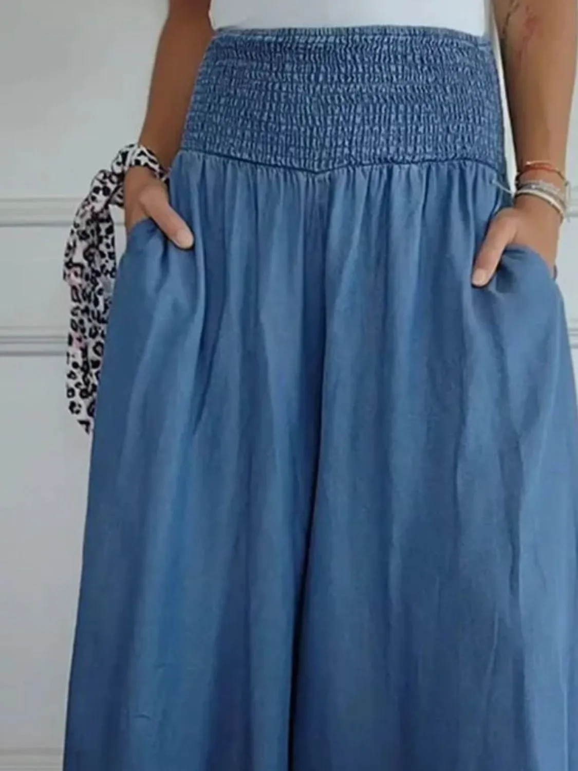 Full Size Smocked Wide Leg Pants with Pockets