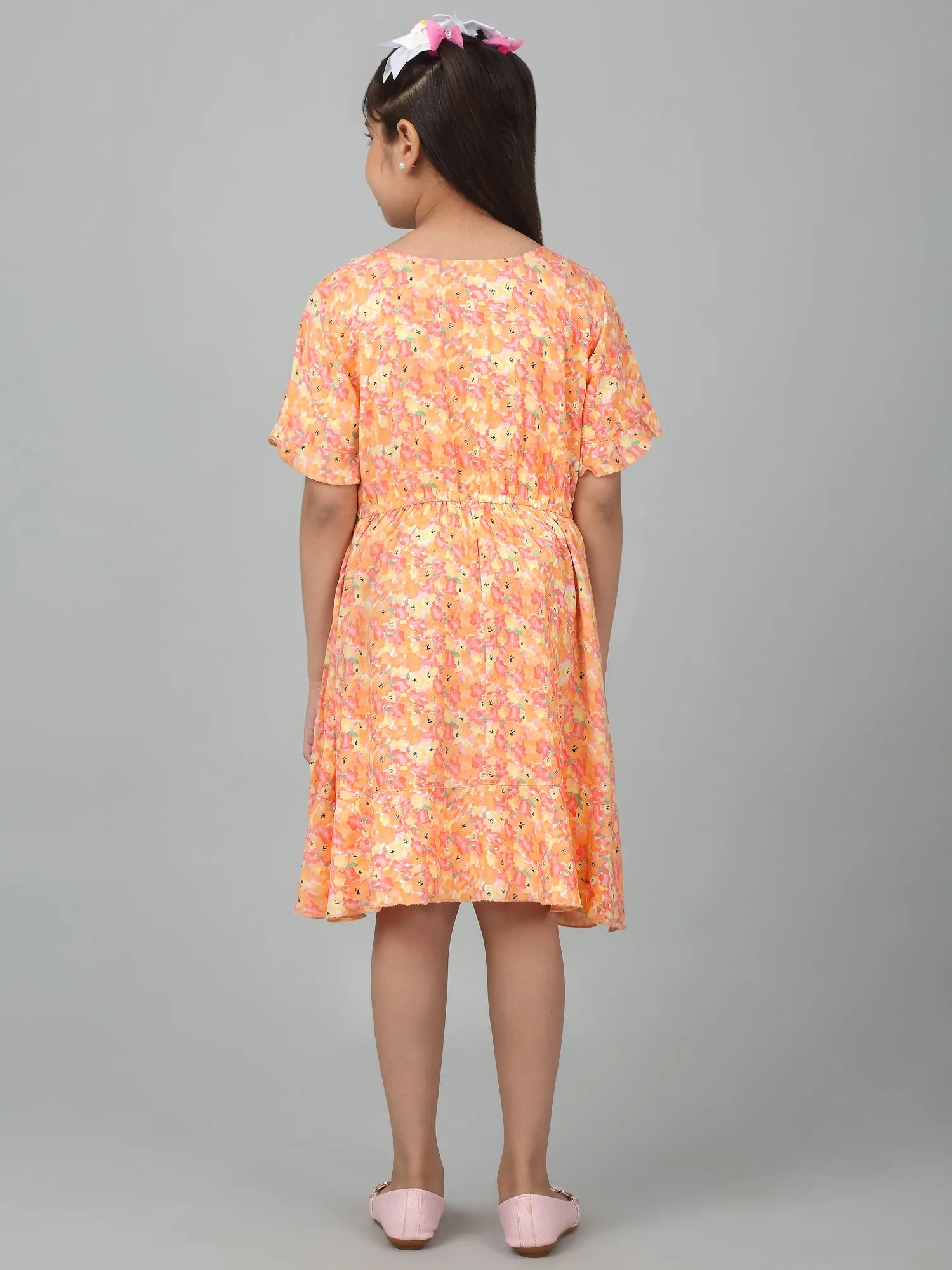 Girl's Orange Half Sleeves Floral Print Dress