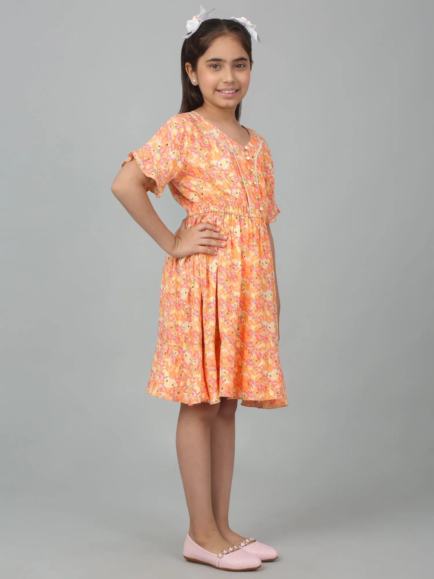 Girl's Orange Half Sleeves Floral Print Dress