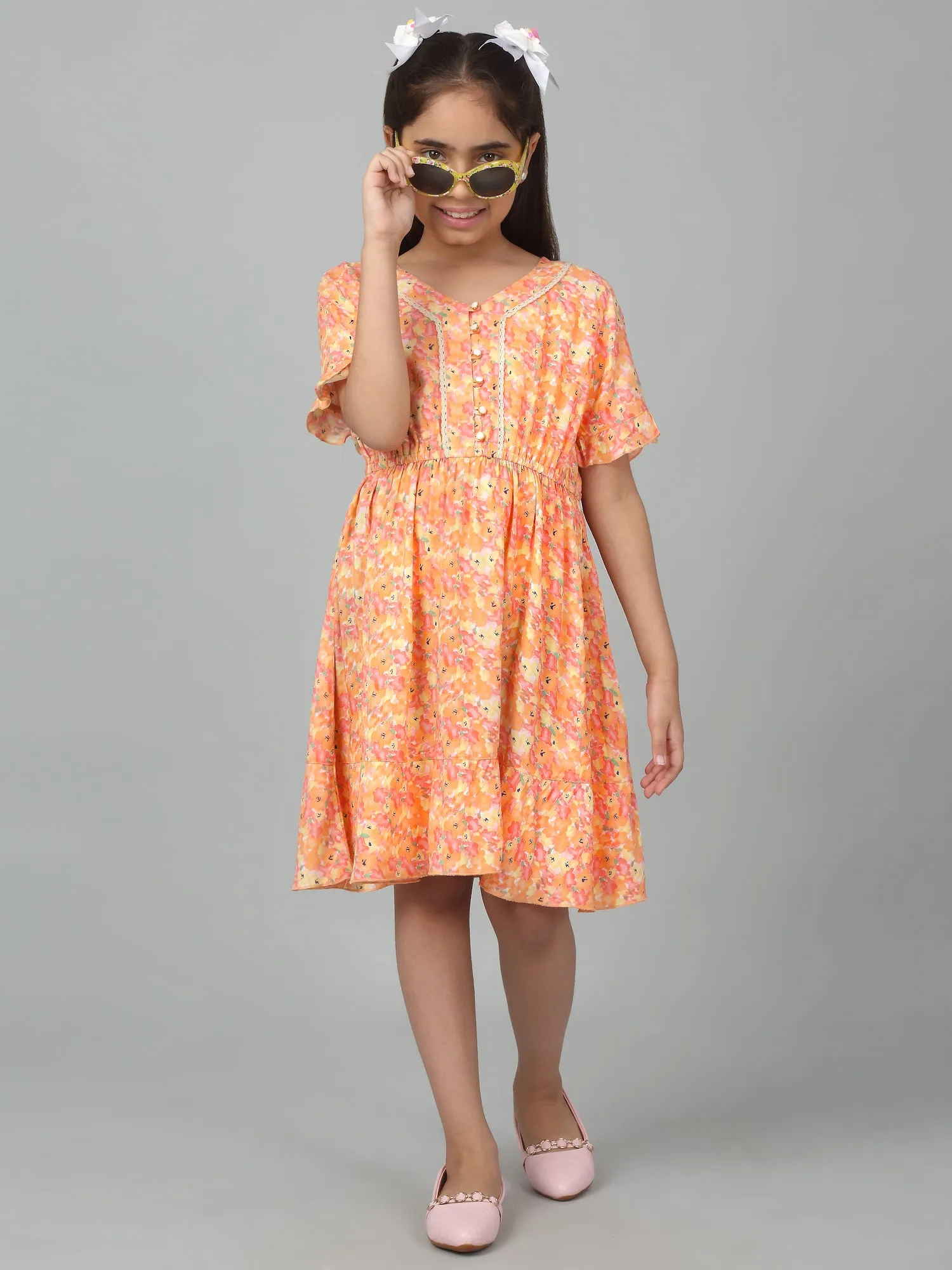 Girl's Orange Half Sleeves Floral Print Dress