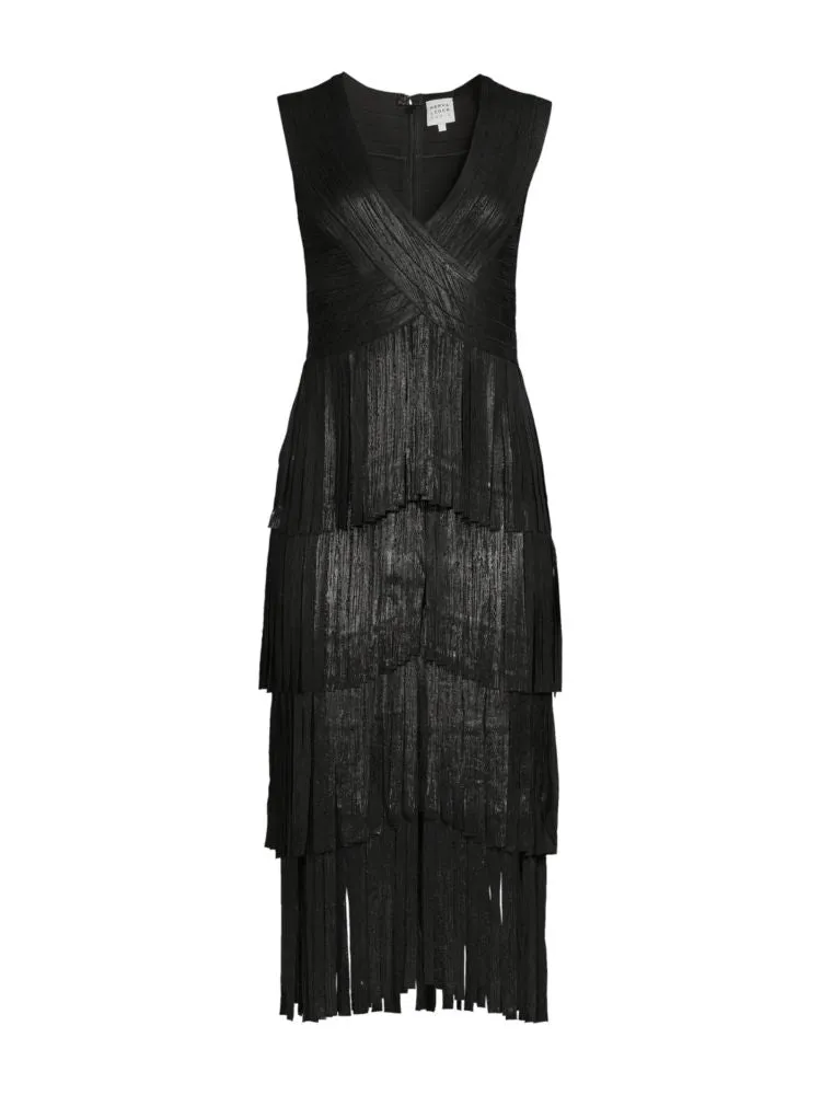 Hervé Léger Fringe Midi Dress in Black Foil